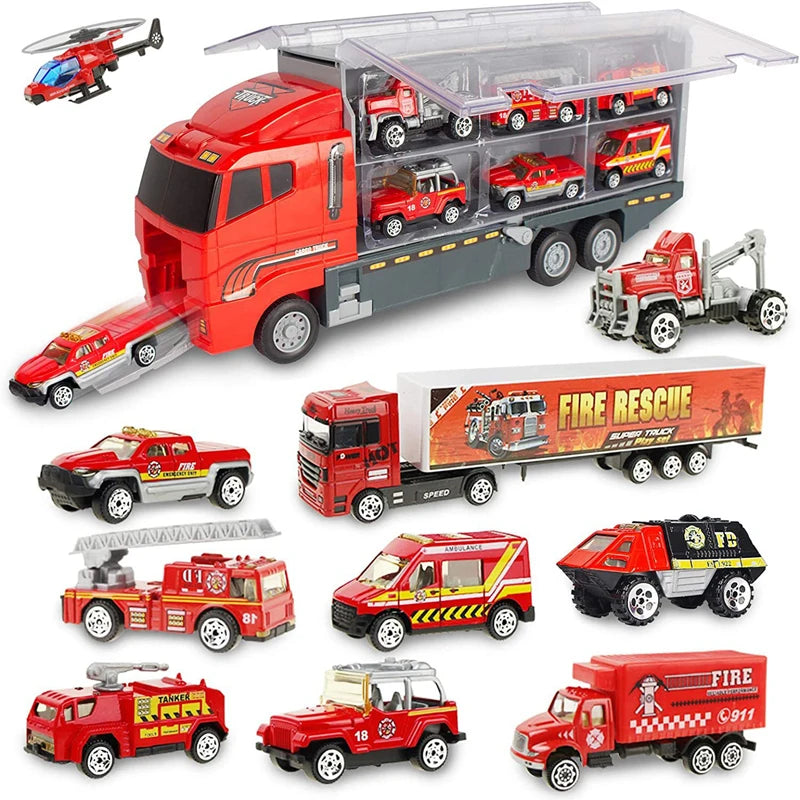 10 In 1 Construction Toys Truck Storage Die-cast Vehicle Transporter Car Set Excavator Dump Truck Digger Backhoe for Kids Gift