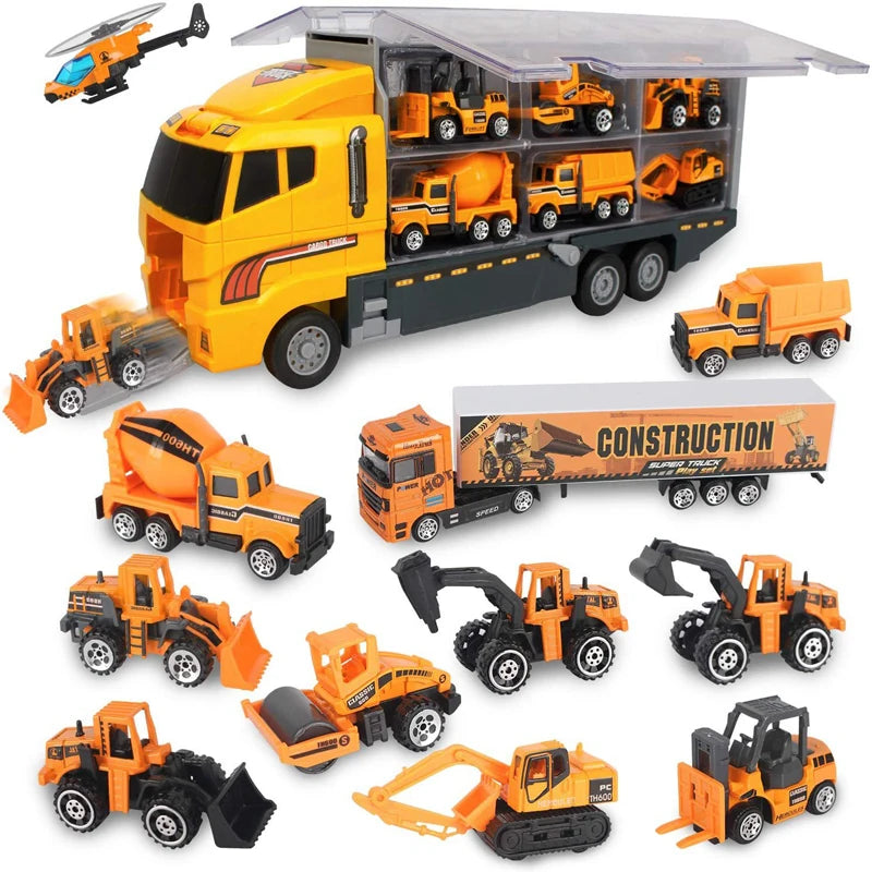 10 In 1 Construction Toys Truck Storage Die-cast Vehicle Transporter Car Set Excavator Dump Truck Digger Backhoe for Kids Gift