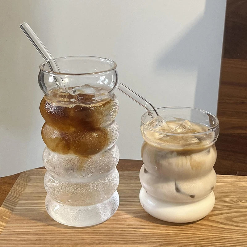 1/2PCS Transparent Glass Cup INS Coffee Mug Heat-resistant Tumbler Drinking Glasses Ripple Water Glasses for Cocktail Beverage